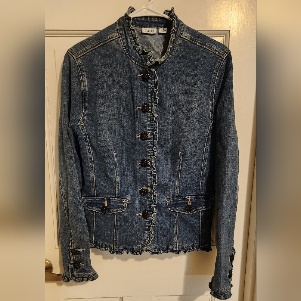 Cato Blue Denim Ruffle Jacket with Fancy Black Buttons, Size M